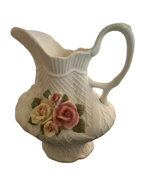 Vintage Ivory Rose Alabaster Ceramic Pitcher / Vase w/Roses Cottagecore